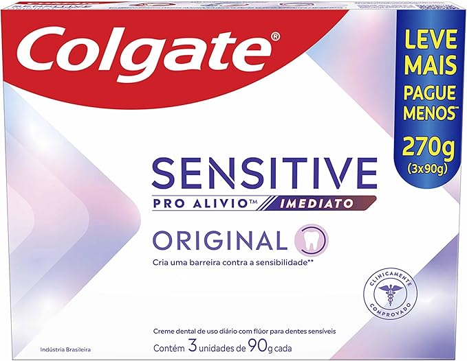 Colgate Creme Dental contra sensibilidade Sensitive Pro Alívio Imediato 90 g, 3 Unidades, Alívio da Sensibilidade com Arginina, ação Imediata
